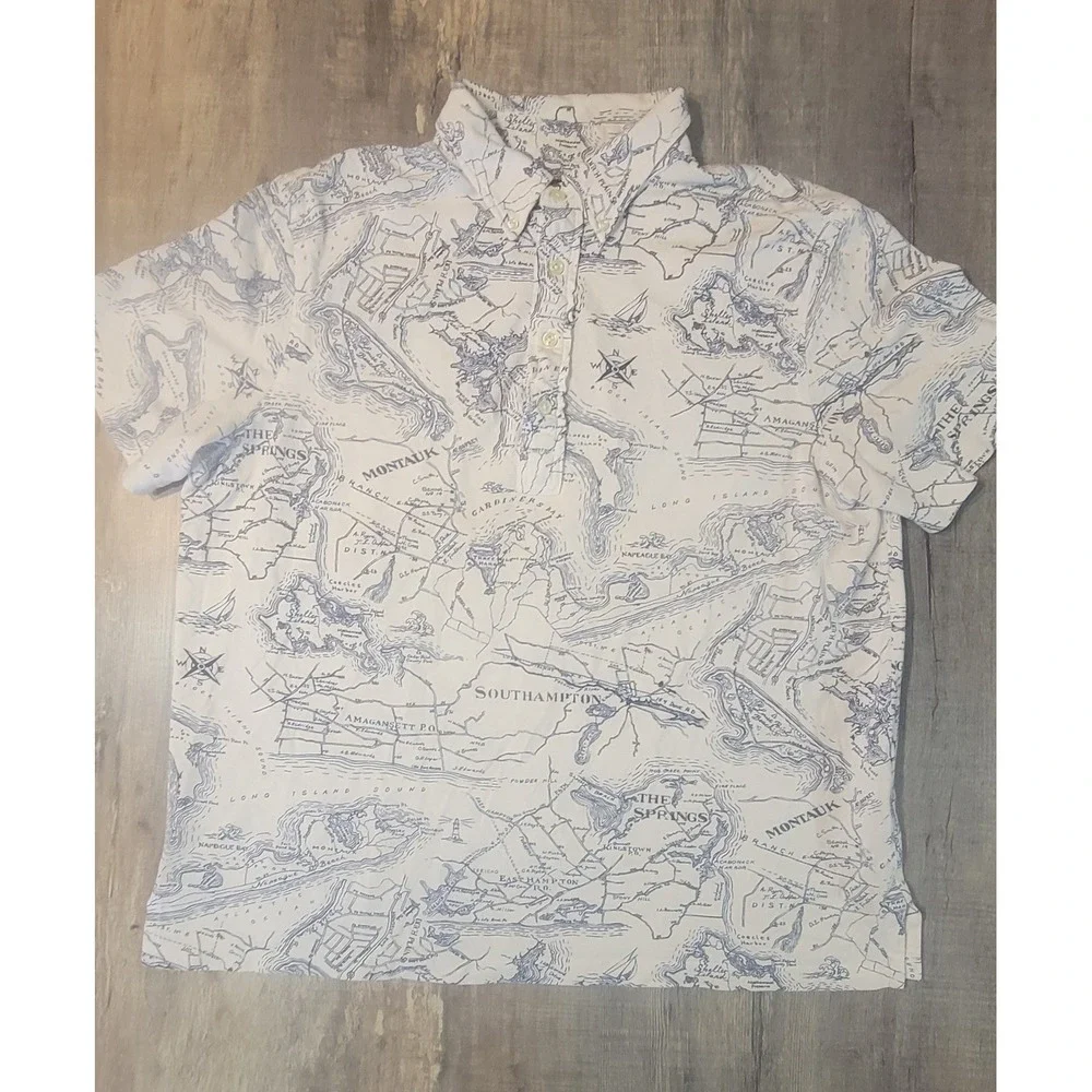 Ralph Lauren Mens Knit Oxford Polo Shirt Large Montauk Long Island Map Print